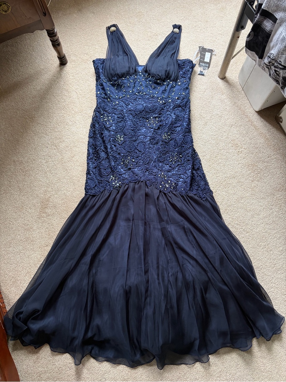 Beaded Navy Lace & Chiffon Prom Dress